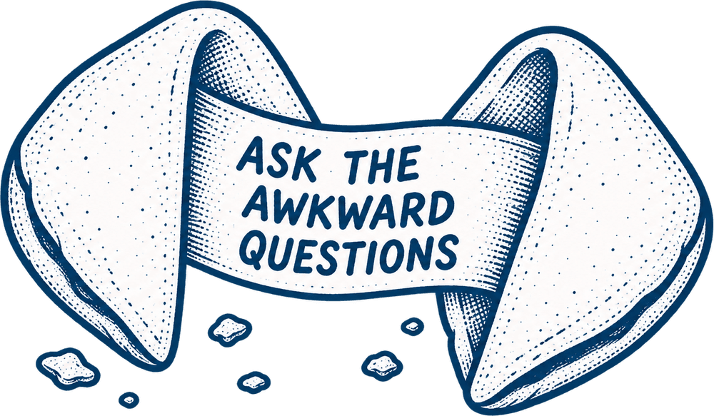 An engraving of a fortune cookie with a slip reading “Ask the awkward questions”